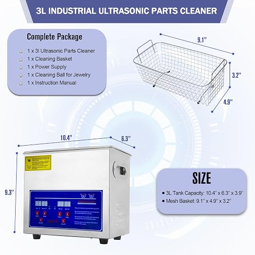 Heated Ultrasonic Parts Cleaner 3L Industrial Ultrasonic Carburetor Cleaner Machine with Digital Timer, Ultrasonic Parts Cleaner Automotive for Coin Dental Watch Cleaning, 110V