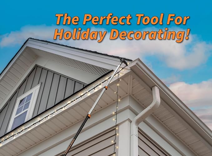 5-24 ft Long Telescopic Extension Pole with Utility Hook // Telescoping Pole for Christmas Lights Installation, String Lights, Birdfeeders // Lightweight and Sturdy // Christmas Light Pole with Hook