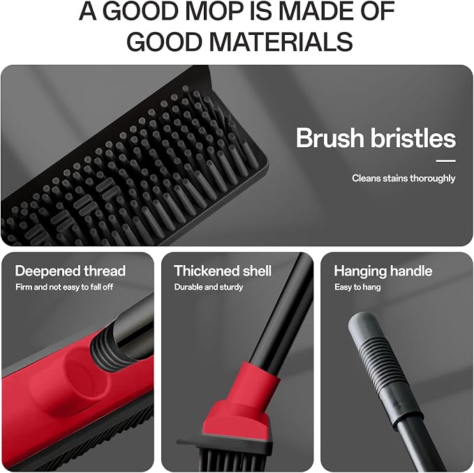 Pet Hair Rubber Broom with Squeegee for Carpet,Fur Remover Broom Carpet Rake for Pet Hair Removal, with 50"（130cm） Long Handle, Dual-Sided for Hardwood Floor, Tile,Portable Detailing Lint Brush-Red