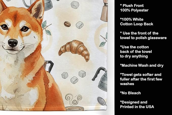 Caroline's Treasures Red Shiba Inu Coffee Bar Kitchen Towel Velour Plush Front and Cotton Loop Back Machine Washable