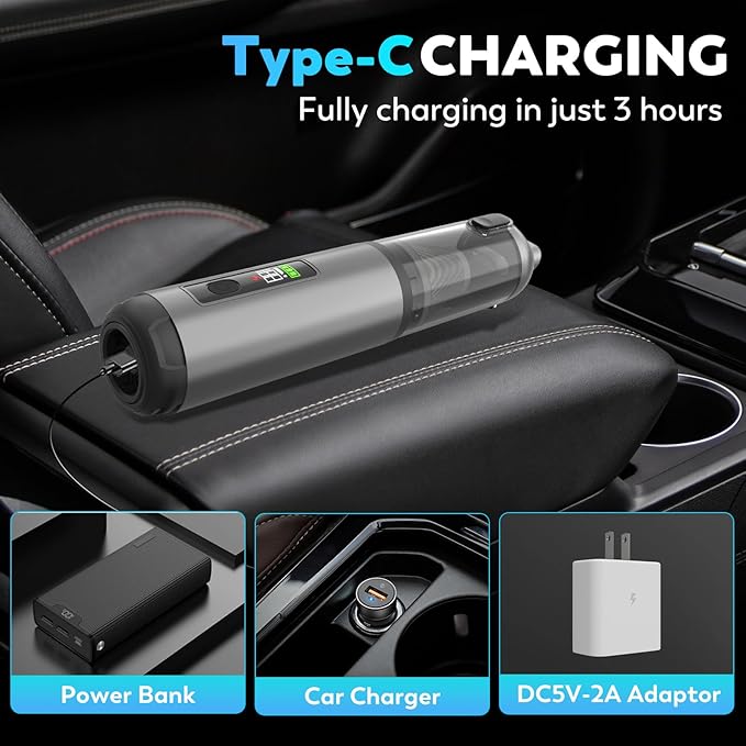 22000Pa High Power Handheld Vacuum Cleaner, 4-in-1 Cordless Car Vacuum & Air Duster with LED Display, USB-C Rechargeable Vacuum for Car Home Office Pet Camping