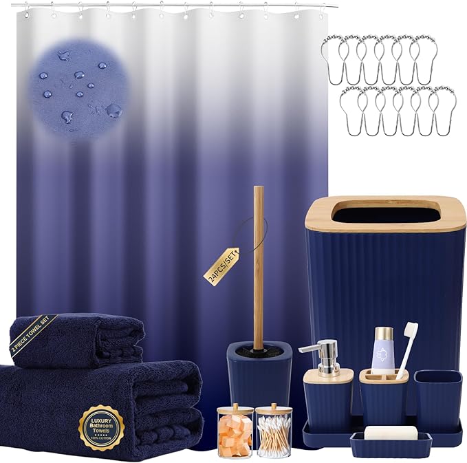 XLHOMO Navy Blue Bathroom Accessories with Bath Towels Ombre Shower Curtain, Blue Bathroom Setwith Trash Can,Toothbrush Holder,Toothbrush Cup,Soap Dispenser,Soap Dish,Toilet Brush and Qtip Holders