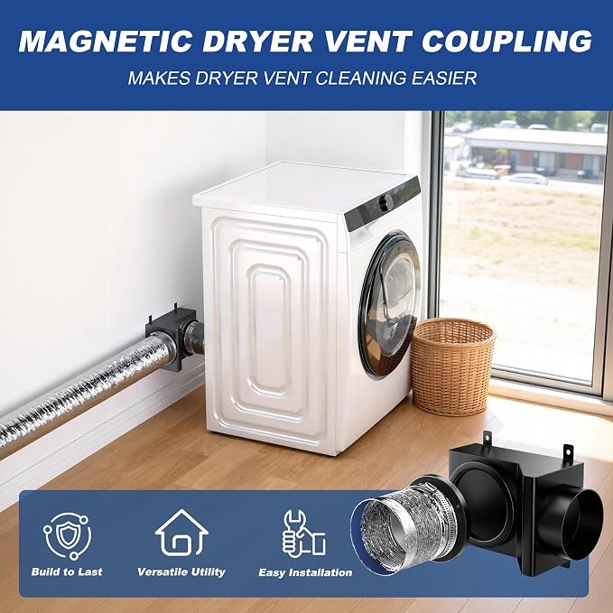Magnetic Dryer Vent Connector Kit, 90 Degree Magnetic Dryer Vent Strong Magnet Dryer Vent Adapter Airtight Seal Quick Connect Disconnect Easy to Clean Flexible Hose 4" Exhaust Duct with Clamp Screws