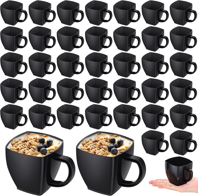 Amyhill 100 Pcs 5 oz Disposable Tea Cups Bulk with Handle Mini Hard Plastic Coffee Mug Square Disposable Espresso Cups for Tea Party Wedding Catering Dessert Sampling (Black)