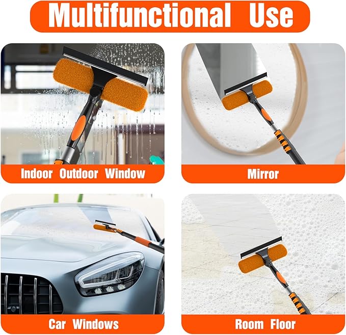 LAANPOLE 4FT Window Squeegee with Extension Pole, 2-in-1 Squeegee for Window Cleaning, Professional Cleaning Kit for Home with 4FT Telescoping Pole for Outdoor Indoor Use