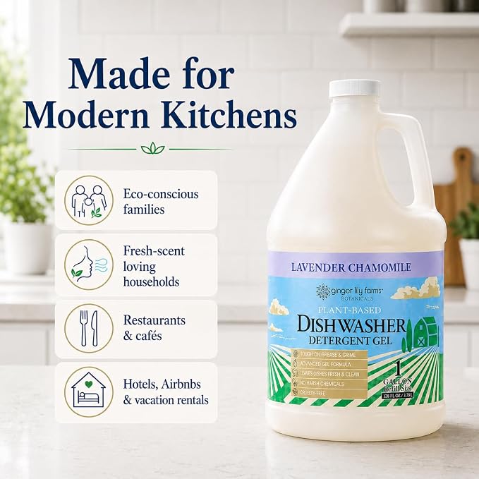 Ginger Lily Farms Plant-Based Dishwasher Detergent Gel, Lavender Chamomile Scent, 1 Gallon Refill (Pack of 4), Eco-Friendly, 100% Vegan & Cruelty-Free