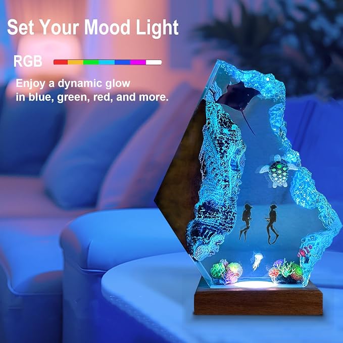 Scuba Diving Resin Ocean Lamp,Handmade 3D Ocean Night Light With Woodden Base,Variable Lights, Scuba Diver Gifts, Diving Enthusiast Collectibles, Unique Birthday Holiday Gifts for Men & Women(M 8"x5")
