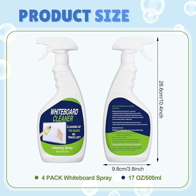 Fuyoooo 4 Pack Whiteboard Cleaner Spray 17 Fl oz Dry Erase Board Cleaning Spray Removes Stubborn Marks from Chalkboard for Classroom Chalkboard Home Office