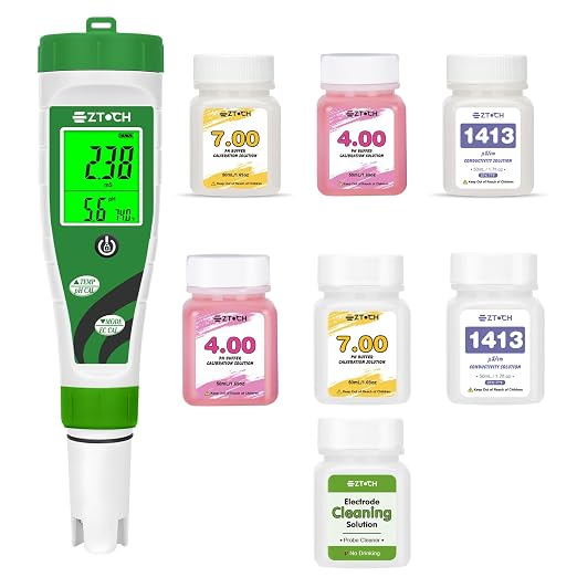 pH Meter for Water Hydroponic with Calibration Solution, 4 in 1 pH Meter with pH 4.0 7.0 & EC 1413μS/cm Calibration and Probe Cleaning Solution for Water, Pool, Aquarium, Fish Tank
