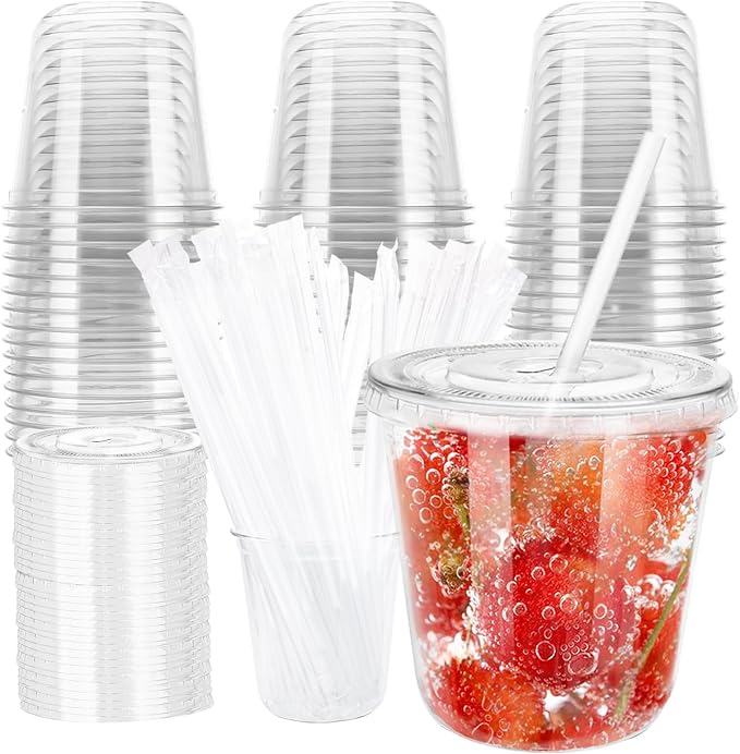 12oz Disposable Stemless Glasses with Flat Lids and Straws,PET Disposable Drinking Cups,Clear Plastic Wine Glasses for Parties Birthday,Wedding,Meeting,Christmas Party Supplies. (50, Transparent)
