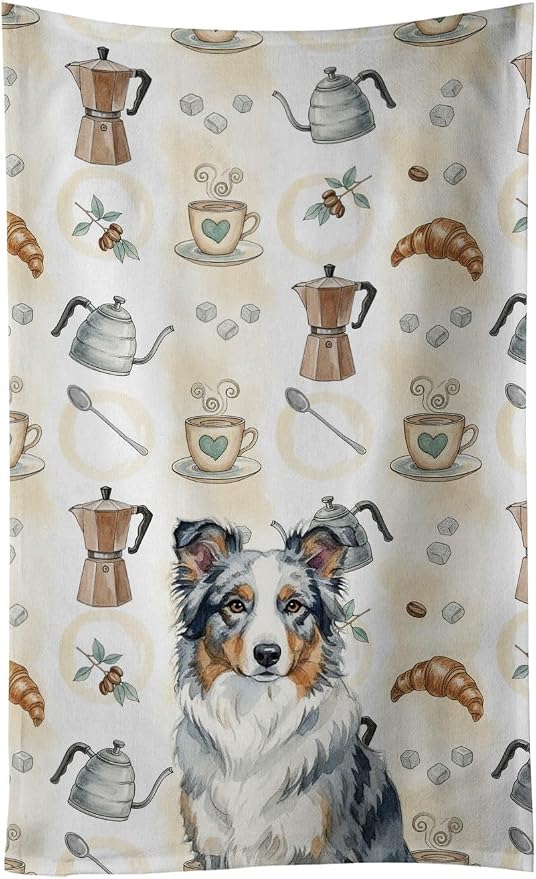 Caroline's Treasures Blue Merle Border Collie Coffee Bar Kitchen Towel Velour Plush Front and Cotton Loop Back Machine Washable