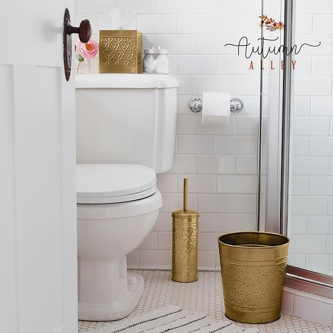Autumn Alley Farmhouse Antique Gold Bathroom Accessories Set – Includes Gold Bathroom Trash Can & Toilet Brush with Holder, Handcrafted Modern Waste Bin & Standing Toilet Brush, Embossed Metal Décor