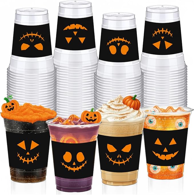Bokon 100 Pcs Pumpkin Halloween 12 oz Plastic Cups Disposable Cocktail Glasses Happy Halloween Cute Disposable Cups for Coffee Juice Hot Cold Drinks Party Supplies(Black, Pumpkin)