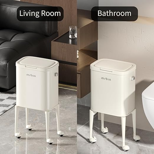MRBIN Metal Kitchen Trash Can with Wheel Legs, 23L/6.1gal Medium Press on Lid Slim Removable Waste Basket, Pet Proof Garbage Pail for Bedroom, Living Room, Cream White