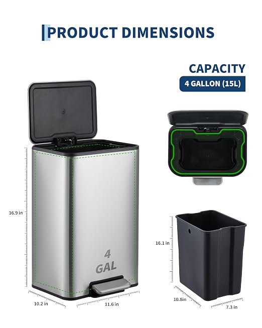 GarveeHome 4 Gallon Small Trash Can, Rectangular Stainless Steel Waste Bin with Quiet Foot Pedal, Soft-Close Lid & Removable Bucket, Space-Saving Design Garbage Can for Bedroom, Living Room, Silver