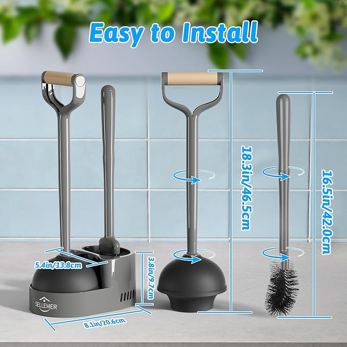 Sellemer Toilet Brush and Plunger Set, Curved Design Head Toilet Bowl Brush for Deep Cleaning, Heavy Duty Plunger for Bathroom, Grey, 2 Pack