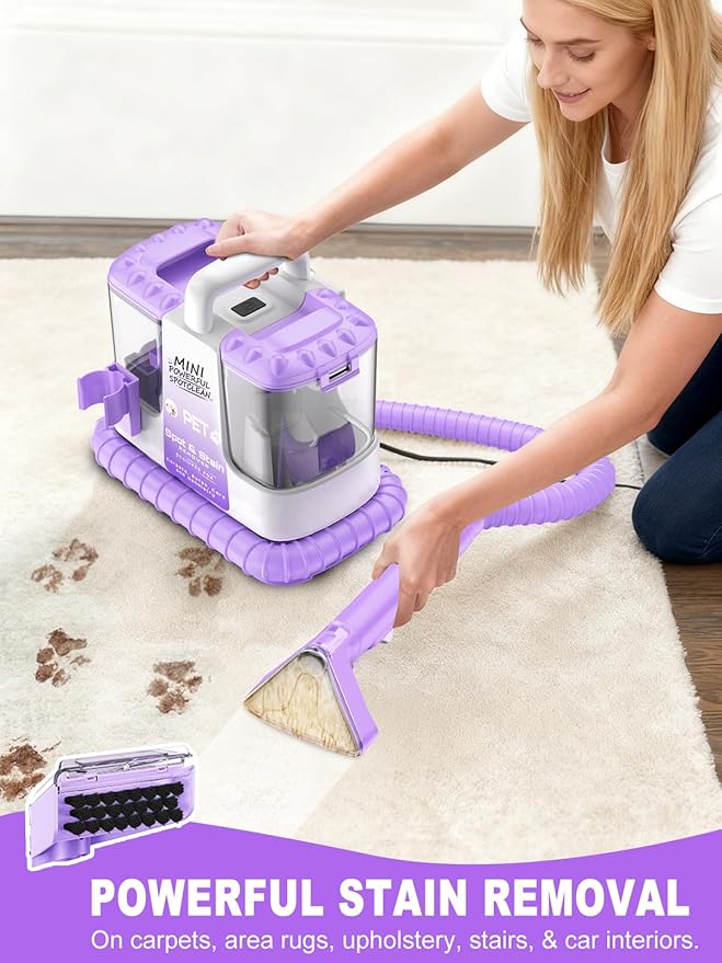 Portable Carpet & Upholestery Cleaner Machine for Pets, Spot, Stain, Couch Cleaner Machine with Powerful Suction and and Self Cleaning, Car/Auto Detailer, Lightweight Compact Design, Purple