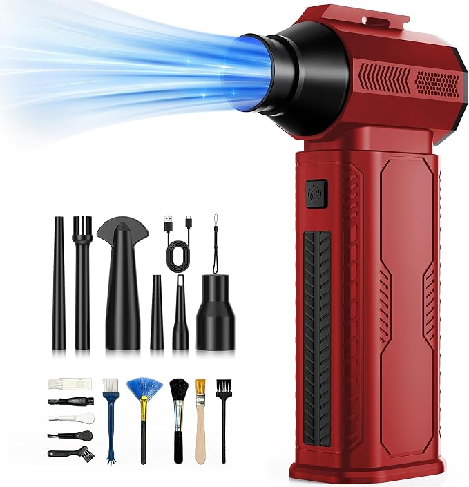 Compressed Air Duster, 130,000RPM Ultra-Powerful Cordless Electric Air Duster with 8000mAh Rechargeable Battery, 4-Gear Adjustable Air Blower for Keyboard, Computer, Car - Bright Red