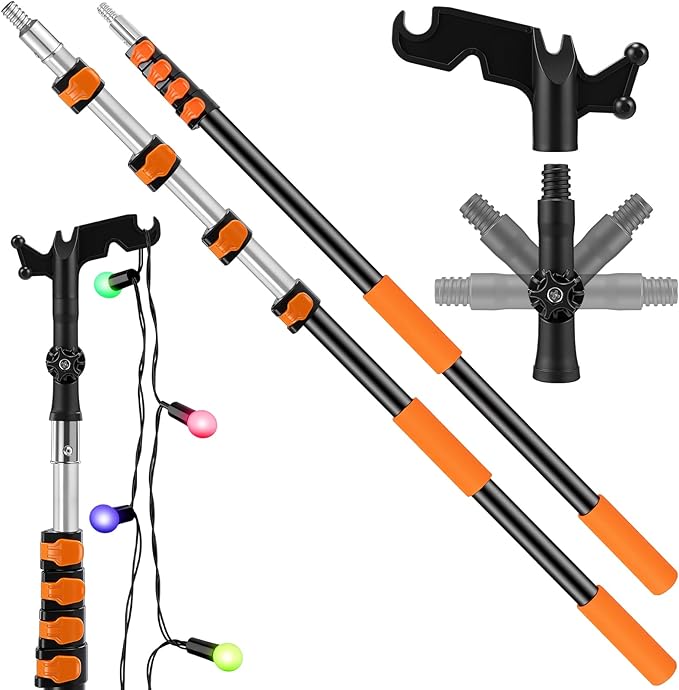 Lasnten 4.5-18 FT Telescopic Extension Pole with Utility Hook Multi-Purpose Aluminum Pole for Dusting and New Year Window Cleaning Xmas Lights Installation(Black Hook)