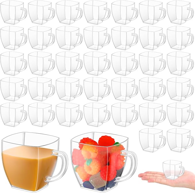 Amyhill 100 Pcs Mini Disposable Tea Cups with Handle, 2oz Hard Plastic Coffee Mug Bulk Plastic Square Disposable Espresso Cups for Wedding Tea Party Catering Dessert Sampling (Transparent)
