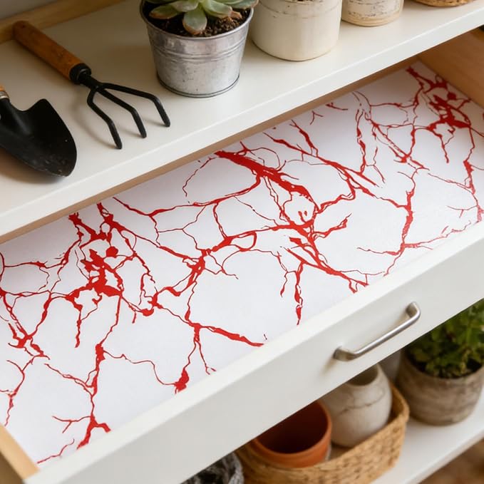 Red Marble Pattern Shelf Liner, Non-Adhesive Non-Slip Thickened Drawer Liner, Easy to Clean Contact Paper for Kitchen Cabinets, Tool Box, Refrigerator, Includes Knife & Tape Measure.12×236.22inch