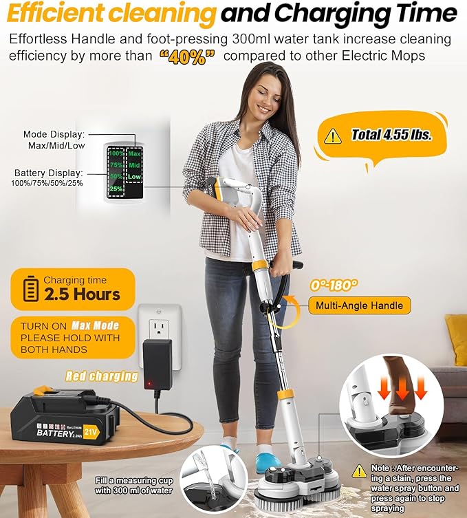 qimedo 6000mAh Battery Electric Mop with 12 Replacement pad and Brush Head, 800RPM Cordless Electric Power Scrubber & Mops for Floor Cleaning, Best Automatic Spin Mops with Smart Display