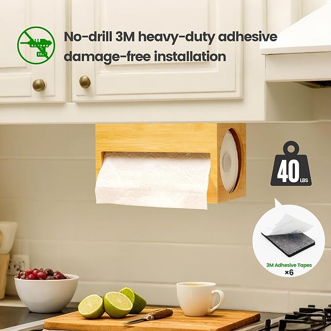Bamboo Paper Towel Holder with Hooks – One-Hand Tear, Dustproof, No-Drill Adhesive & Wall Mount, Under Cabinet/Countertop Dispenser for Kitchen, Garage & Workshop | Fits Jumbo Roll