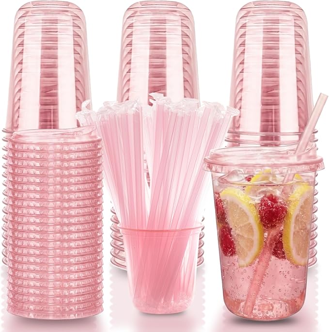 16oz Disposable Stemless Glasses With Strawless Sip Lids and Straws,PET Disposable Drinking Cups,Clear Plastic Wine Glasses for Parties Birthday,Wedding,Meeting,Party Supplies. (50, Pink)