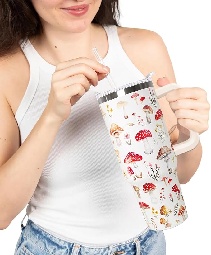 Ceovfoi 40 Oz Mushroom Stainless Steel Coffee Travel Mug Cup Water Bottle Tumbler with Handle Lid and Straw,Mushroom Decor,Mushroom Gifts for Women