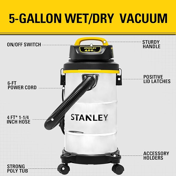 STANLEY Wet Dry Vacuum 5 Gallon with 4 HP Powerful Motor Suction,Stainless Steel Shop Vacuum Portable Wet Dry Vac for Jobsite, Workshop, Garage, Basement SL18130