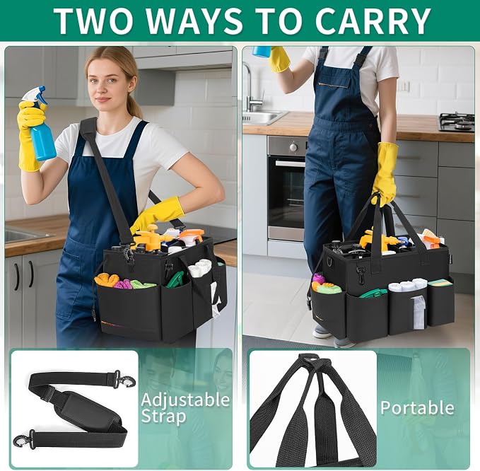 IBVIVIC Wearable Cleaning Caddy Bag for Cleaning Supplies, Large Capacity Cleaning Organizer Tote Bag Kitchen Cleaning Supplies Storage Bag for Cleaners Housekeepers (Black)
