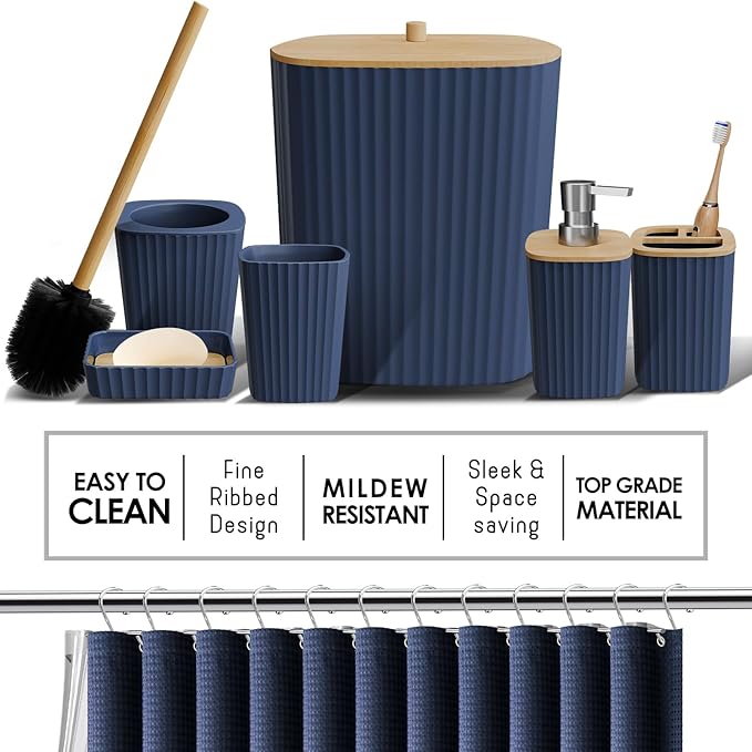 Clara Clark Bathroom Accessories Set - 27PC Bathroom Set with Adhesive Corner Shower Caddy Hanging, Bathroom Sets with Shower Curtain and Rugs, Ombre Navy Shower Curtain Set with Bathroom Trash Can