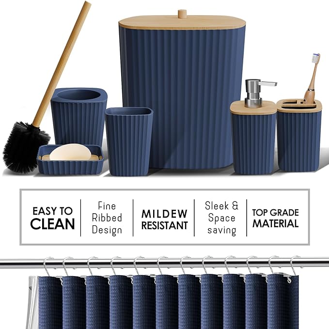 Clara Clark Bathroom Accessories Set - Bathroom Set, Bathroom Sets with Shower Curtain and Rugs, Shower Curtain Set with Bathroom Trash Can - Navy - 22PC