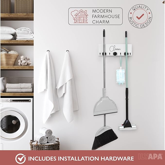 Ilyapa Mop and Broom Holder Wall Mount, Wooden Broom and Mop Organizer Wall Hanging, Magnetic Dryer Sheet Holder, Dryer Sheet Dispenser