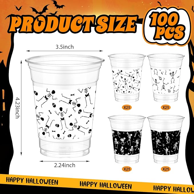 Bokon 100 Pcs Skeleton Halloween 12 oz Plastic Cups Disposable Cocktail Glasses Happy Halloween Cute Disposable Cups for Coffee Juice Hot Cold Drinks Party Supplies (Black and White, Skeleton)