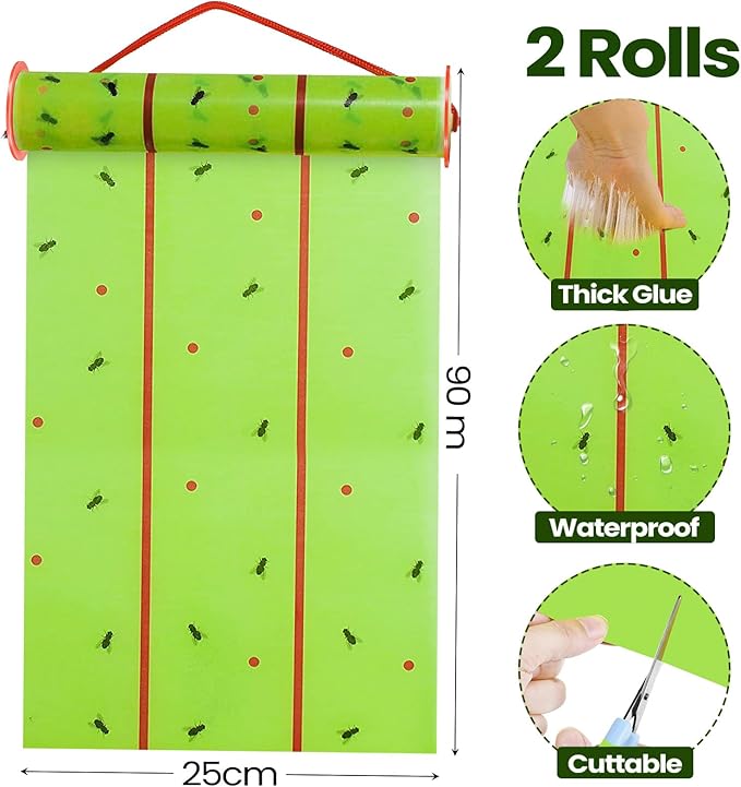 Qualirey Giant Sticky Fly Traps, Fly Strips for Indoor Outdoor Hanging Flying Tapes Non Toxic Ribbon Fruit Gnat Killer for Mosquito Plants House Horse Stable(30 ft,Fluorescent Green,2 Pcs)