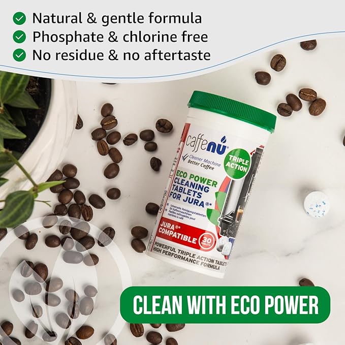 Caffenu Jura Compatible Cleaning Tablets. 30 Tablets Cleaning. Coffee Cleaning Tablets - Cleans Internal Parts, Portafilter, Inaccessible Areas. Use On All Home & Pro Jura Coffee Machines.
