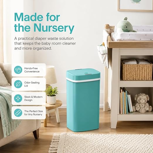 15L Smart Diaper Pail with Motion Sensor Lid | Touchless Hands-Free Baby Diaper Trash Can | Double Locking Seal | Slim Space-Saving Design | Quiet & Durable (Turquoise)