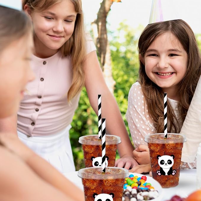 Whaline 50 Pcs Panda Disposable Plastic Cups with Lids and Straws Cute Animal Cold Beverage Drinking Cups for Baby Shower Birthday Party Supplies