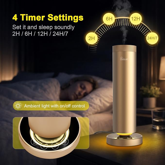 Waterless Diffuser,1500 Sq Ft,Ring Ambient Light,USB Plug-in & Rechargeable,Aluminum,Remote Control&Touch Buttons,Adjustable Fragrance&Timer,Hotel Collection Scent Machine - Gold