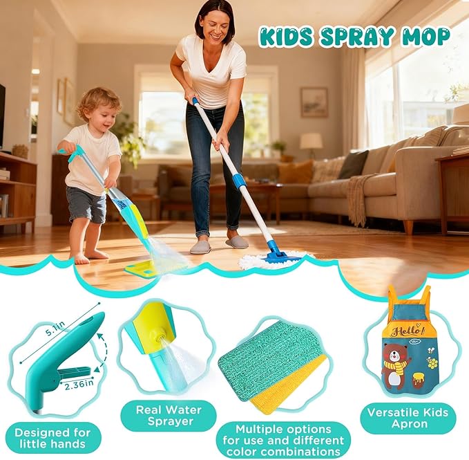 Kids Spray Mop,Toddlers Cleaning Play Sets with Real Water Sprayer,Includes Versatile Apron,Pretend Play Sets,Toddler Kids Cleaning Toy Set,Montessori Cleaning Set,Gifts for Boys Girls