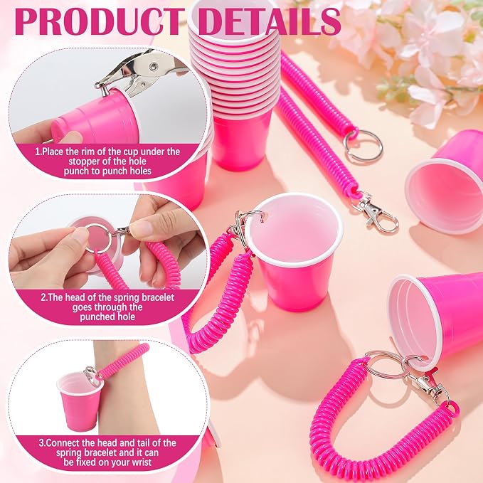 LemonRoad 50 Pack Pink Shot Cup with Wristband for Party 2 oz Plastic Shot Glasses Bulk Disposable Mini Cup for Graduation 21th 50th Birthday Wedding Party Bachelorette Supplies