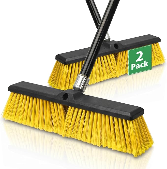 2 Pack 24" Push Broom Outdoor, Heavy Duty Broom with 62" Long Handle, Stiff Bristle Garage Broom for Patio Deck Driveway Concrete Floor Shop Warehouse Cleaning