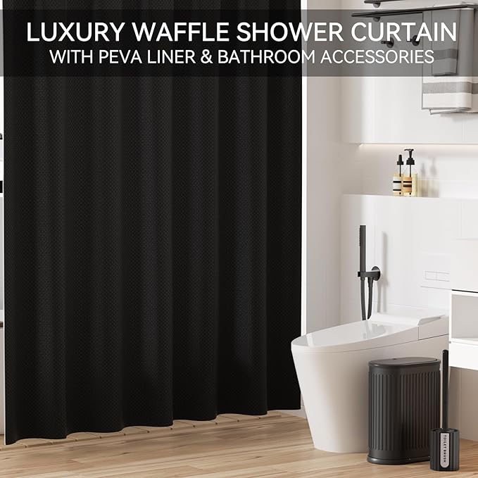 Stainless Steel Bathroom Trash Can and Toilet Brush Set,1.6 Gallon Small Trash Bin with Press Type Lid, Black Bathroom Sets with Shower Curtain and Liner for Bathroom