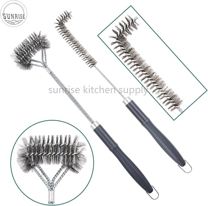 SUNRISE Fryer Brush with Long Handle (Stainless Steel with Plastic Handle, L and Double Brush)