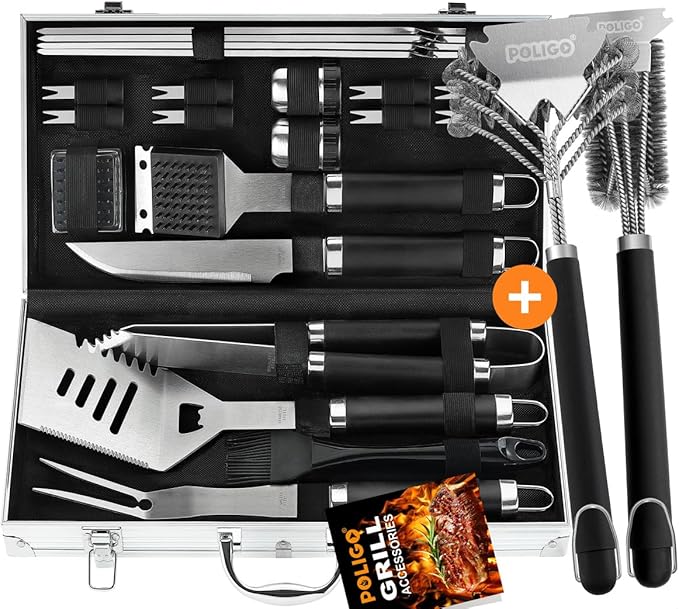 POLIGO 22 PCS BBQ Grill Accessories Set in Aluminum Case Bundle with 2 Different Types Safe Grill Brush and Scraper for All Barbecue Grills - Ideal Birthday Christmas BBQ Set Gifts for Men Dad