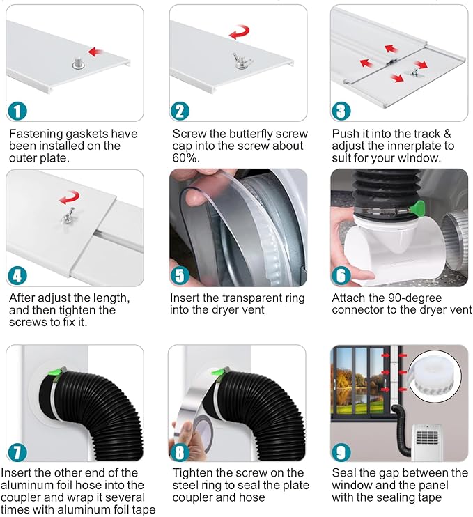 Dryer Vent Window Kit, Adjustable Window Vent Kit & 90° Elbow Connector Fits 4" Diameter Dryer Exhaust Hose with Outdoor Dryer Vent Cover, Universal Seal for Sliding Windows
