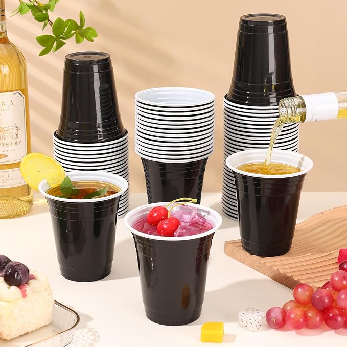 tchrules 100 Pack 12 OZ Black Plastic Cups, Black Disposable Cups for Halloween Party, Graduation Plastic Stackable Drinking Cup for Wedding Birthday Bachelorette Bridal Showers Family Gatherings