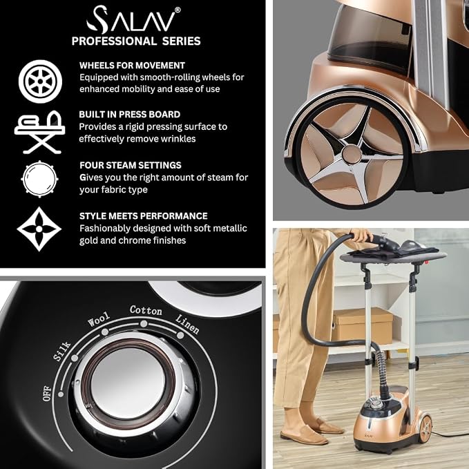 SALAV® Limited Edition Pro Series Standing Garment Steamer & Ironing Board – 1500W, 4 Steam Levels, Stainless Steel Plate, 1.8L Tank, Chrome Finish & Wheels