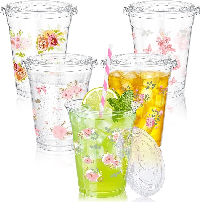 FoldTier 100 Pcs 12 oz Pink Floral Plastic Cups with Lids and Straws - Tea Party Disposable Cold Drink Cups for Baby Bloom Baby Shower, Love in Bloom Bridal Shower, Flower Graduation Party Decoration